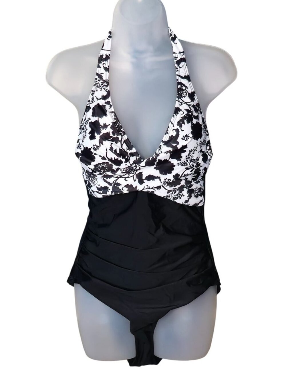 Black White Floral Halter One Piece Swimsuit M Ruched Slimming Lined
